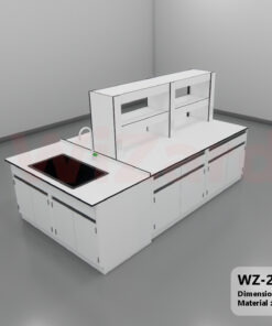 WZ-28 โต๊ะปฎิบัติการกลางพร้อมชั้นวางและตู้อ่างน้ำ ขนาด 2.75×1.50×0.85 ม. (กxลxส)