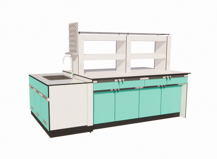 IB04-โต๊ะปฎิบัติการกลางพร้อมชั้นวางเเละอ่างล้าง-ฟ้า